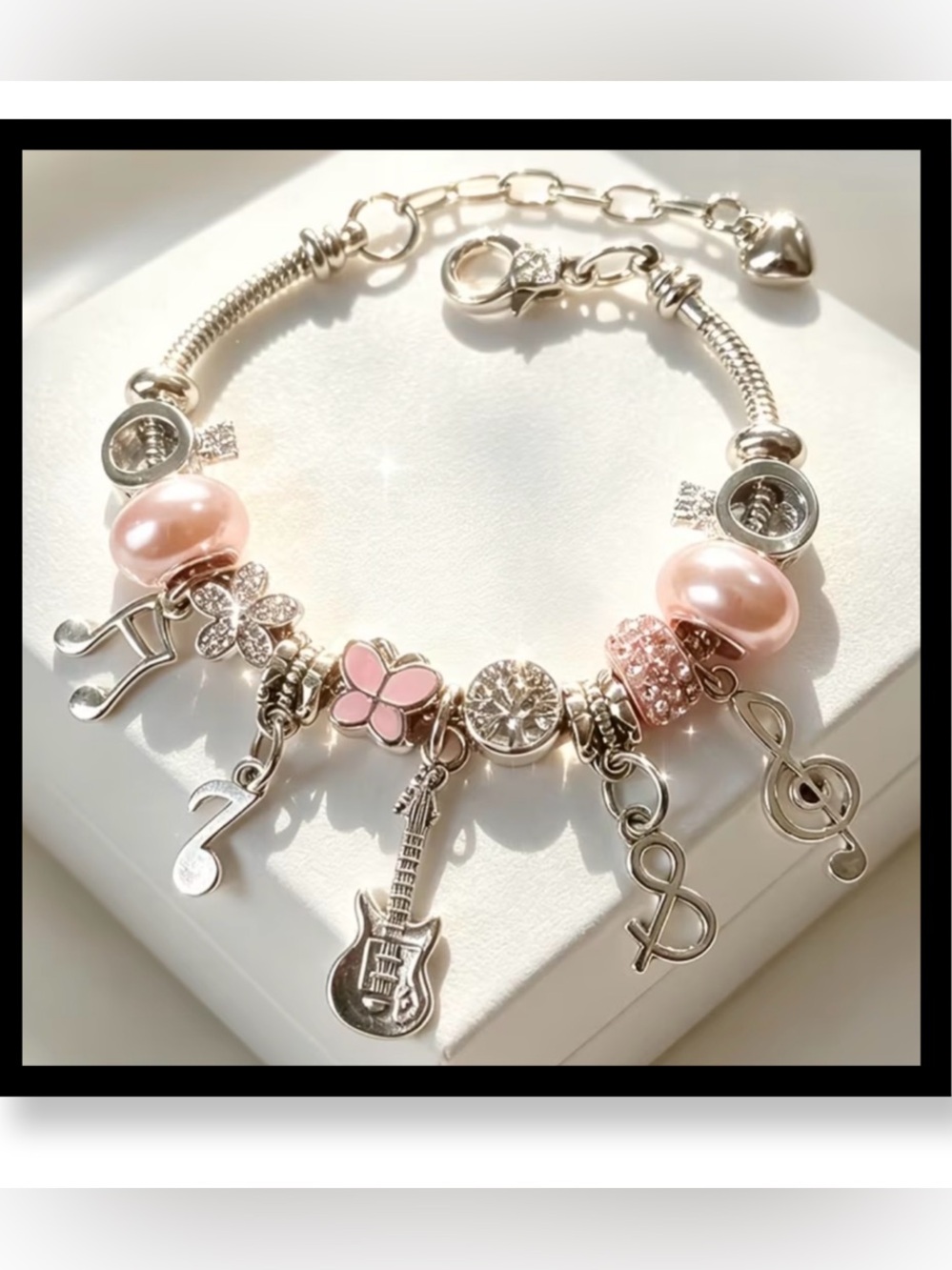 2/$16-🆕 Music Charm Bracelet with Pink Pearls and Silver Charms